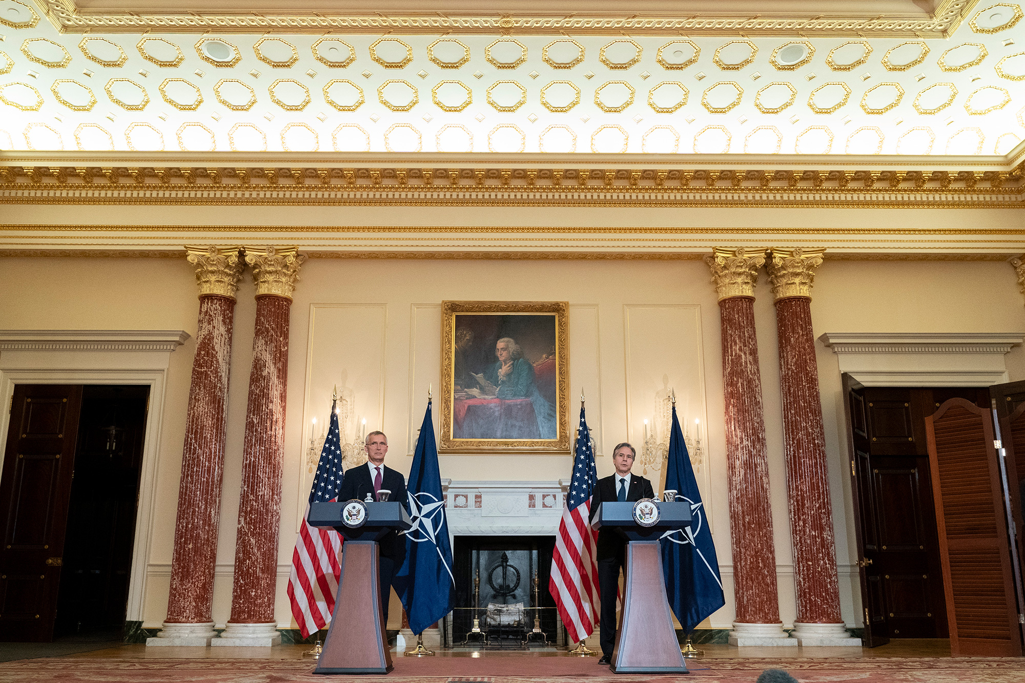 NATO Secretary General Jens Stoltenberg, left, and US Secretary of State Antony Blinken, right, attend a news conference at the State Department in Washington, DC, on Wednesday, June 1.