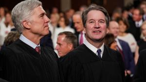 WASHINGTON, DC - FEBRUARY 5: Supreme Court Justices Neil Gorsuch and Brett Kavanaugh attend the State of the Union address in the chamber of the U.S. House of Representatives at the U.S. Capitol Building on February 5, 2019 in Washington, DC. President Trump's second State of the Union address was postponed one week due to the partial government shutdown. (Photo by Doug Mills-Pool/Getty Images)