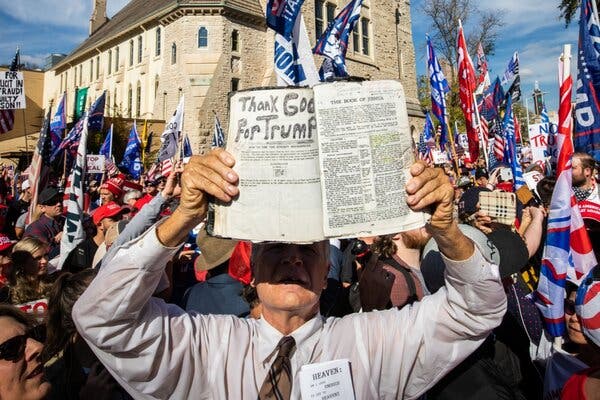 Religious music, prayer and symbols are often featured at political rallies, like a November 2020 event outside the Georgia State Capitol in support of President Trump.