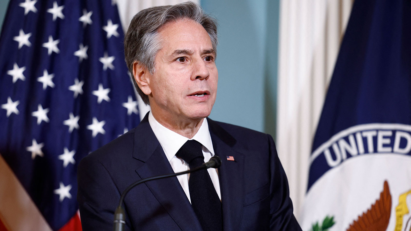 US Secretary of State Antony Blinken speaks at the State Department in Washington, DC, on December 12.