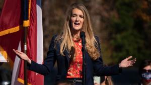 Senator Kelly Loeffler, a Republican from Georgia, speaks during a campaign stop with Senator David Perdue and Vice President Mike Pence at the Cherokee Conference Center in Canton, Georgia, U.S., on Friday, Nov. 20, 2020. GOP incumbent Senators Loeffler and Perdue are in January runoff elections that will decide which party controls the U.S. Senate. Photographer: Elijah Nouvelage/Bloomberg via Getty Images